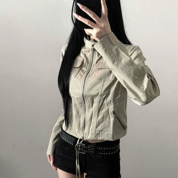 Biker High-Neck Cut-Out Pocket Semi-Crop Slim Fit Thin Jacket