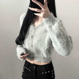 Angora Wool V-Neck Button Crop Knit Cardigan