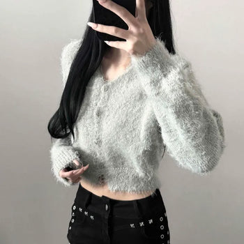 Angora Wool V-Neck Button Crop Knit Cardigan