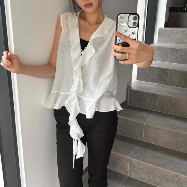 Chiffon Frill Ribbon V-Neck Loose Fit Sleeveless Blouse
