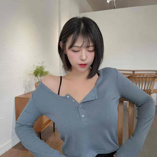 Ribbed Henley Neck Button Stretchy Crop Layered Long Sleeve T-shirt