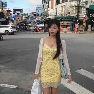 Chiffon Flower Frill Ribbon Adjustable Sleeveless Slim Fit Mini Dress