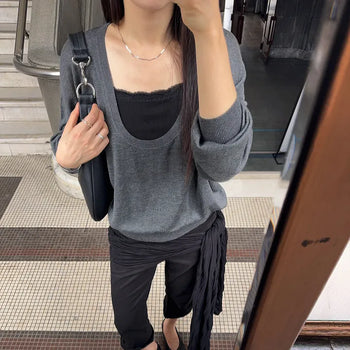 Le Mood Deep U-Neck Layered Loose Fit Oversized Long Sleeve Knit