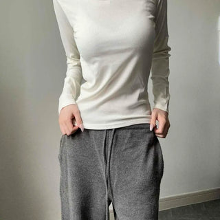 Ribbed Spandex Stretchy Slim Fit U-Neck Long Sleeve T-Shirt