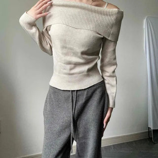 Off-shoulder Turtleneck Asymmetrical Delicate Fit Cropped Long Sleeve Knit
