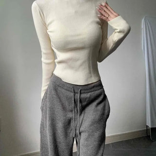 Ribbed Mock Turtleneck Thick Knit with Delicate Fit that Covers Back of Hand