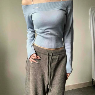 Ribbed Off-Shoulder Slim Fit Crop Long Sleeve Knit