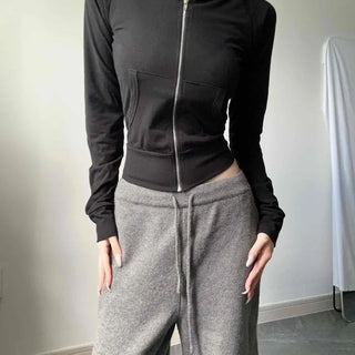 Seji High-Neck Crop Slim Fit Elastic Pocket Polyester Zip-Up Hoodie