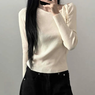 Ribbed Ribbon Off-Shoulder Slim Fit Knit