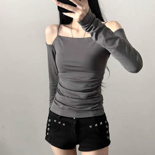 Back-of-Hand Square Neck Side Shirring Slim Fit Knit Long Sleeve T-shirt