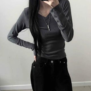 V-Neck Button-Sleeve Wool Angora Stretchy Slim Fit Crop Long Sleeve T-Shirt