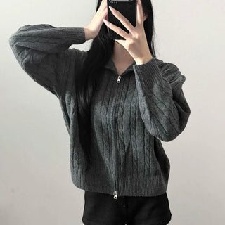 High-Neck Cable Knit Two-Way Oversized Zip-Up Hoodie