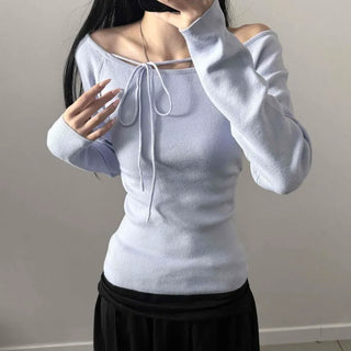 Off-shoulder Ribbon String Elastic Waist Cinched Slim Long Sleeve Knit