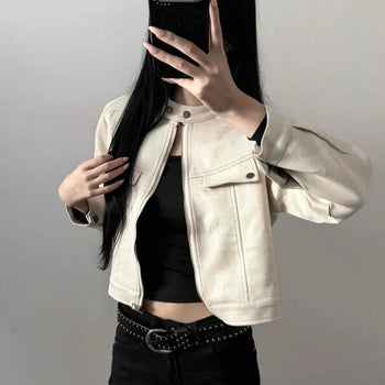Suede Mandarin Collar Rider Loose Fit Crop Zipper Pocket Jacket