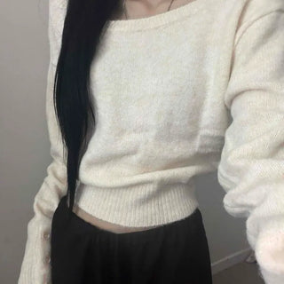 Wool Boat Neck Button Cropped Avant-Grip Long Sleeve Knit