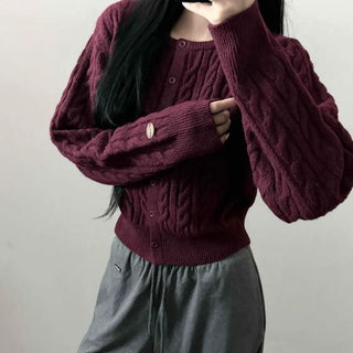 Cable Knit Wool Leather Patch Leather Label Thick Delicate Fit Crop Cardigan