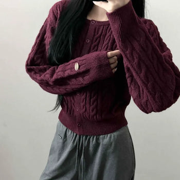 Cable Knit Wool Leather Patch Leather Label Thick Delicate Fit Crop Cardigan