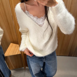 Fur Deep V Loose Fit Off-shoulder