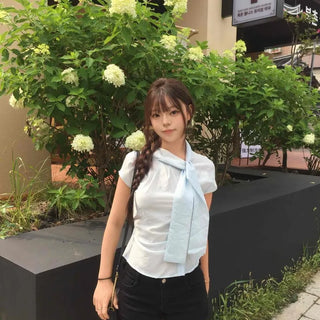 See-through Tie Collar Ribbon Crop Delicate Fit Short Sleeve Blouse