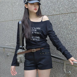 Suede Studded Belt Set High-Waisted Slim Shorts