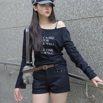 Suede Studded Belt Set High-Waisted Slim Shorts