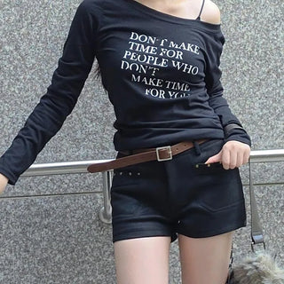 One-Off Shoulder See-Through Lettering Asymmetrical Pleated Delicate Fit Long Sleeve T-Shirt