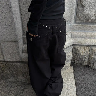 Black Wide Pants with Back Cross Stud Strap Details