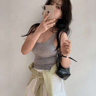Easywear Halter Sleeveless Top with Built-in Cap, Halter Neck Strap Sleeveless Top, Inner Sleeveless Top, Layered Plain Ribbed Sleeveless Top, Fleece-lined Autumn