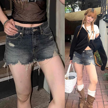 High-Waisted Wide Cotton Denim Washed Distressed Cutoff Fringe Button Shorts