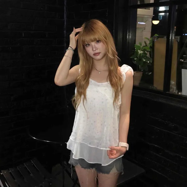 Off-shoulder Frill Chiffon See-through Punched Loose Fit Blouse