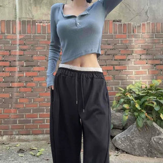 Drop-sagging Low-rise Wide Drawstring Elastic Pocket Cotton Blend Sweatpants