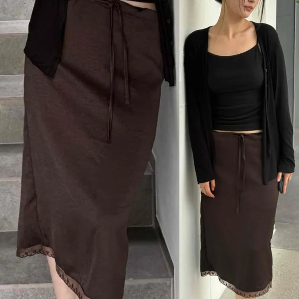 Low-rise String Hem Lace Silk Layered Long Skirt