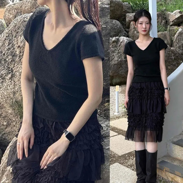 V-Neck Slim Fit Layered Inner Short Sleeve Knit