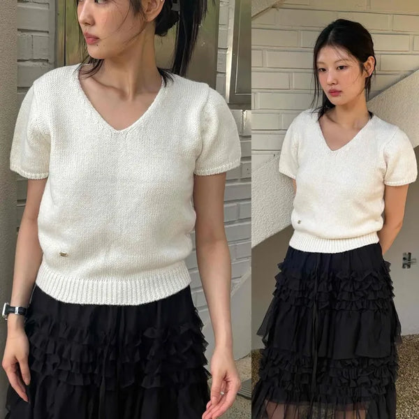 V-neck Short Sleeve Oversized Wool Knit