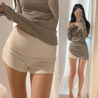 Double Ribbed Elastic Waist Shirred Slim Knit Shorts