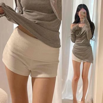 Double Ribbed Elastic Waist Shirred Slim Knit Shorts