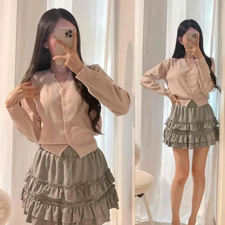 Round Neck Thin Knit Cropped Button Layered Cardigan