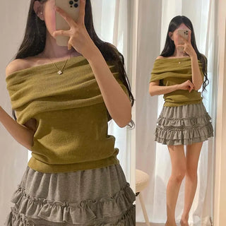 Off-shoulder Layered Oversized Crop Short Sleeve Knit