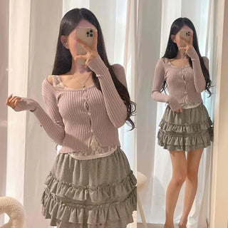 Ribbed Knit Round Neck Button Inner Layering Slim Fit Crop Cardigan