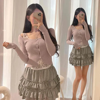 Ribbed Knit Round Neck Button Inner Layering Slim Fit Crop Cardigan