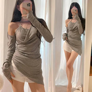Halter Neck Layered Slim Fit Long Sleeve T-shirt