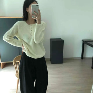 Angora Henley Neck Button Thick Loose Fit Knit