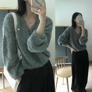 Angora Wool Blend Soft V-Neck Loose Fit Knit