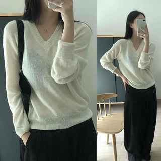 Alpaca Wool Thin Raglan V-Neck Loose Fit Long Sleeve Knit