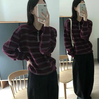 Striped Contrast Button Collar Oversized Knit