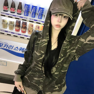 [High Quality🖤/New Autumn Arrival] Unisex Kiri Damaged Camo Waffle Zip-up Hoodie (2 colors)