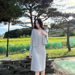 Ribbed Knit V-Neck Button Crop Cardigan Slim Fit Two-Piece Set