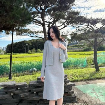 Ribbed Knit V-Neck Button Crop Cardigan Slim Fit Two-Piece Set