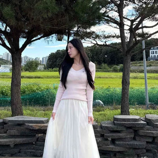 High-Waisted Back-Elastic A-Line Chiffon Tulle Pleated See-Through Long Skirt