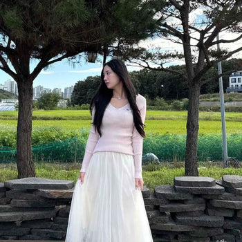 High-Waisted Back-Elastic A-Line Chiffon Tulle Pleated See-Through Long Skirt